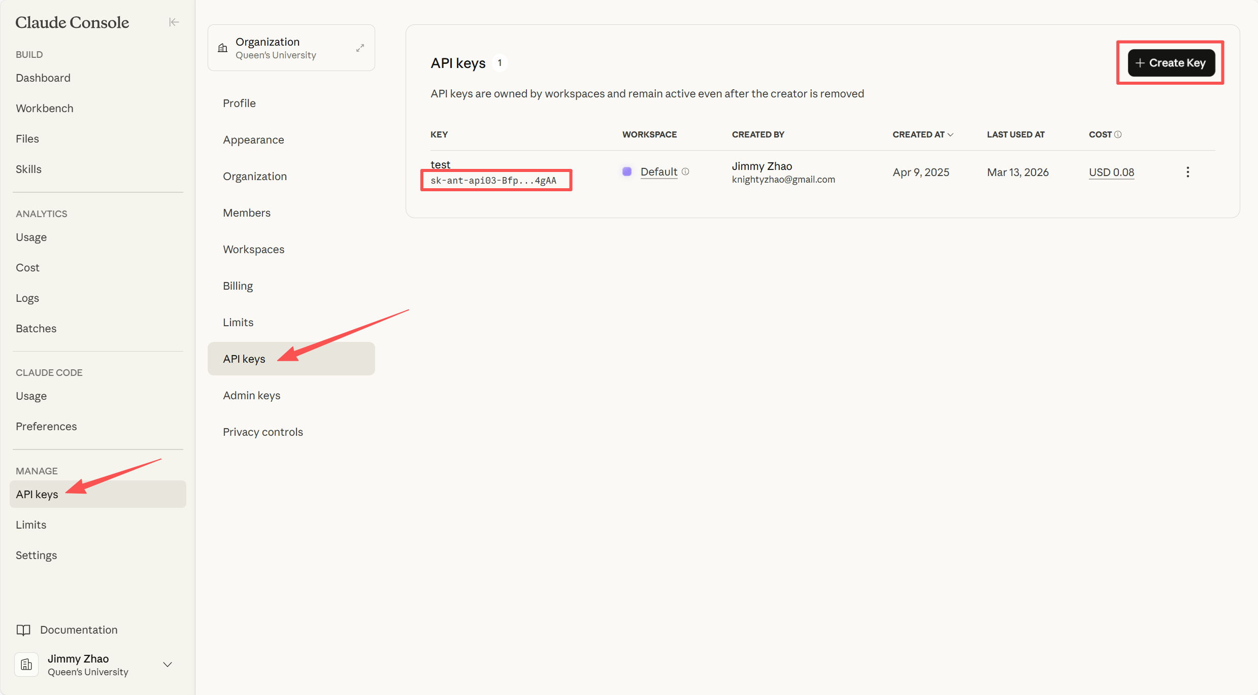Anthropic API Key 创建页面