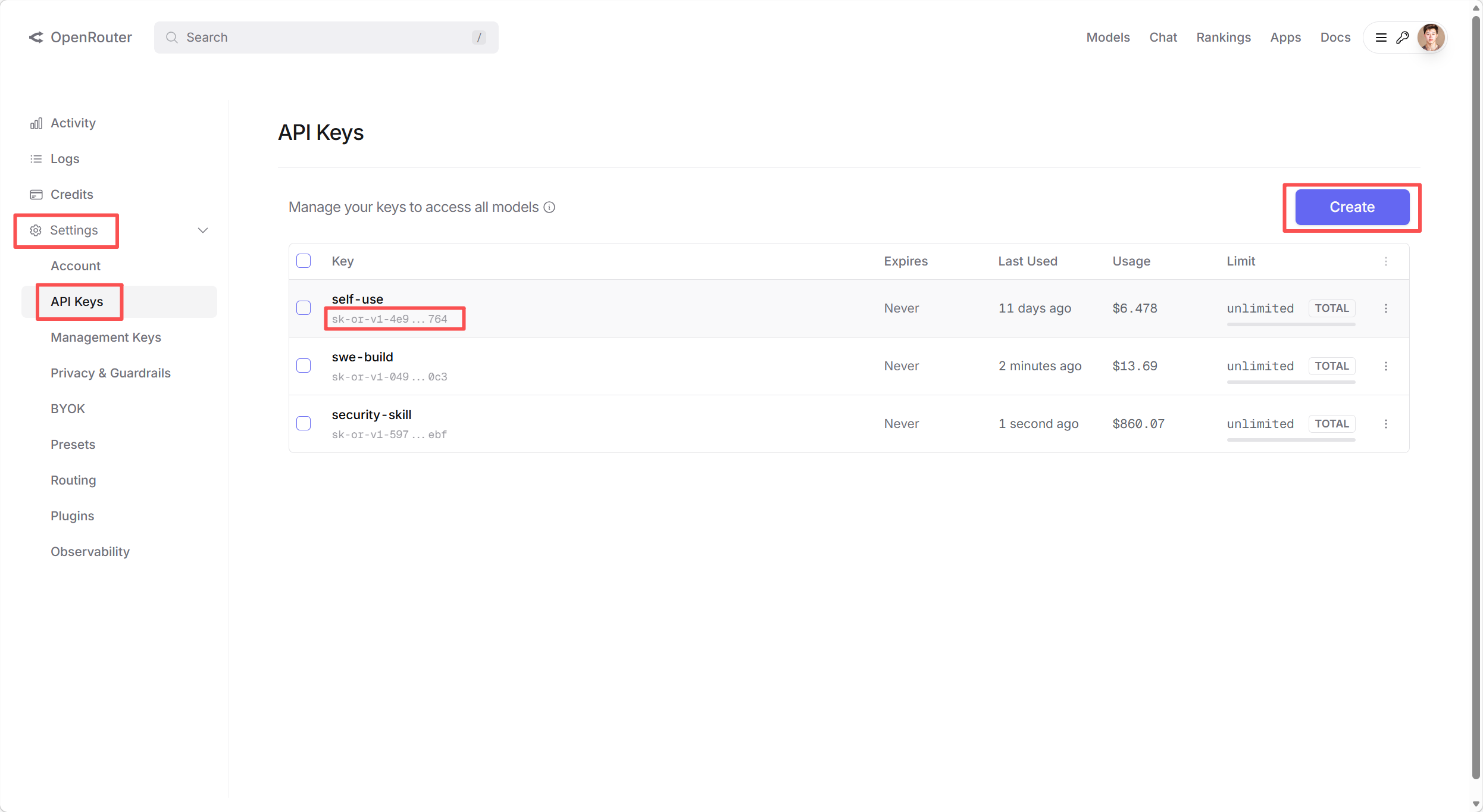 OpenRouter API Key 创建页面